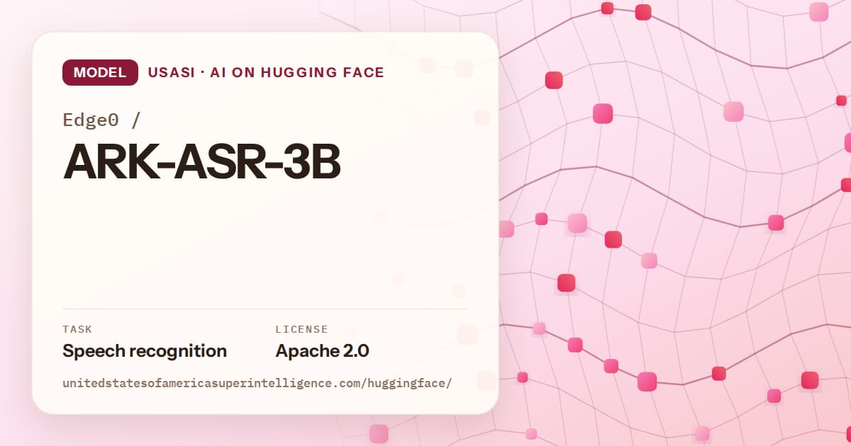 Generated rose wave-lattice artwork for the model Edge0/ARK-ASR-3B, labeled USASI · AI on Hugging Face, with Task: Speech recognition · License: Apache 2.0.