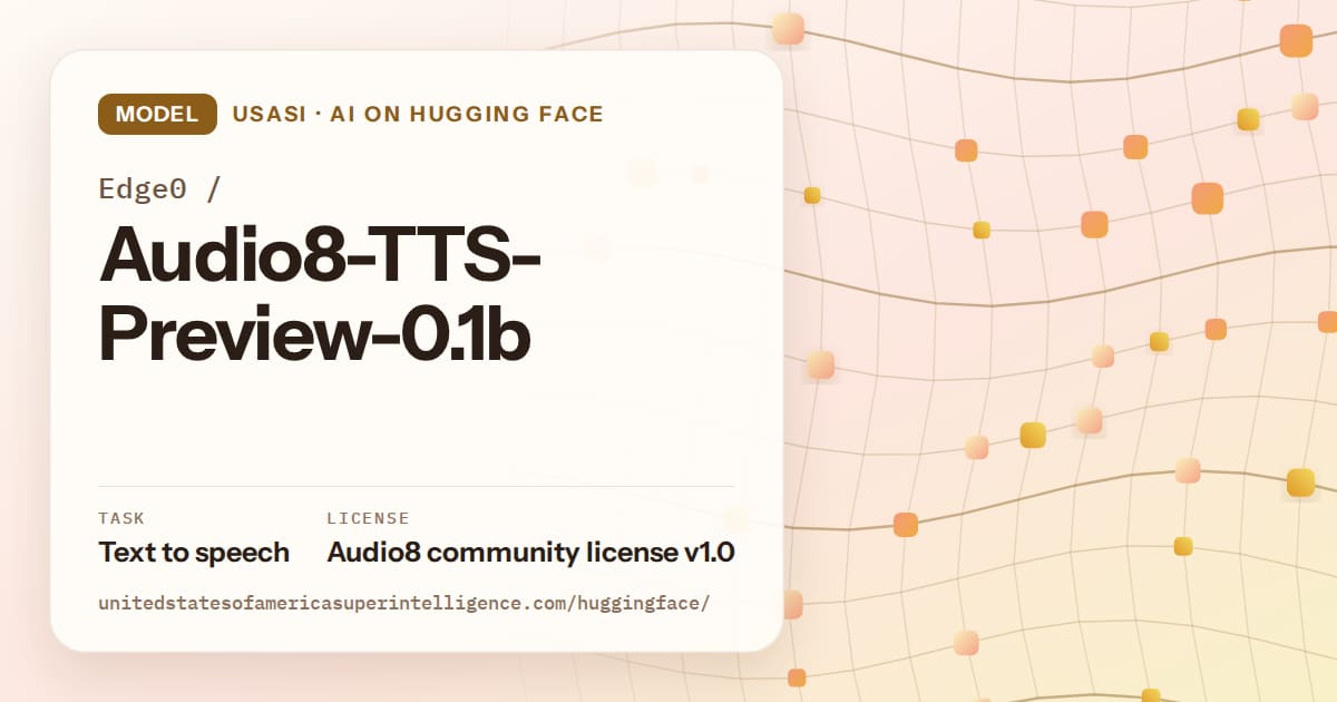 Generated amber wave-lattice artwork for the model Edge0/Audio8-TTS-Preview-0.1b, labeled USASI · AI on Hugging Face, with Task: Text to speech · License: Audio8 community license v1.0.