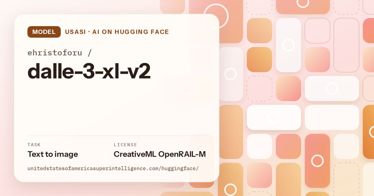 Generated orange tile-mosaic artwork for the model ehristoforu/dalle-3-xl-v2, labeled USASI · AI on Hugging Face, with Task: Text to image · License: CreativeML OpenRAIL-M.