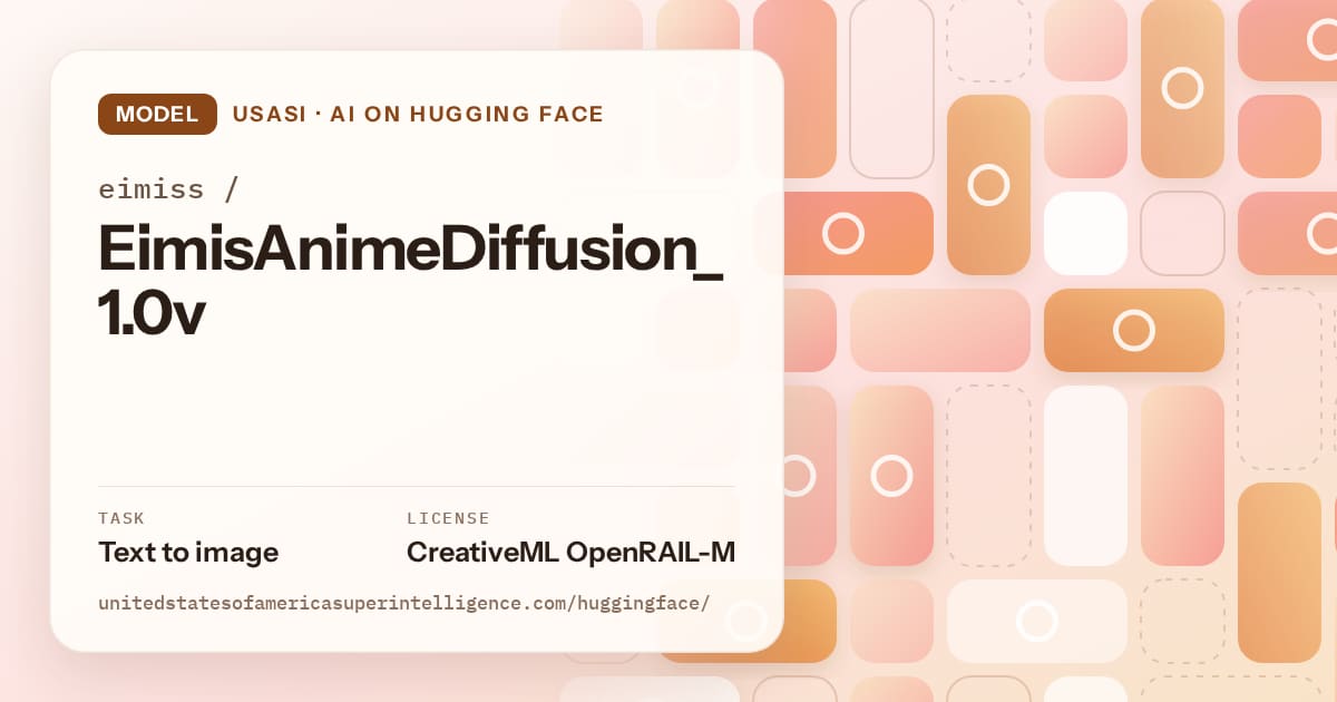 Generated orange tile-mosaic artwork for the model eimiss/EimisAnimeDiffusion_1.0v, labeled USASI · AI on Hugging Face, with Task: Text to image · License: CreativeML OpenRAIL-M.