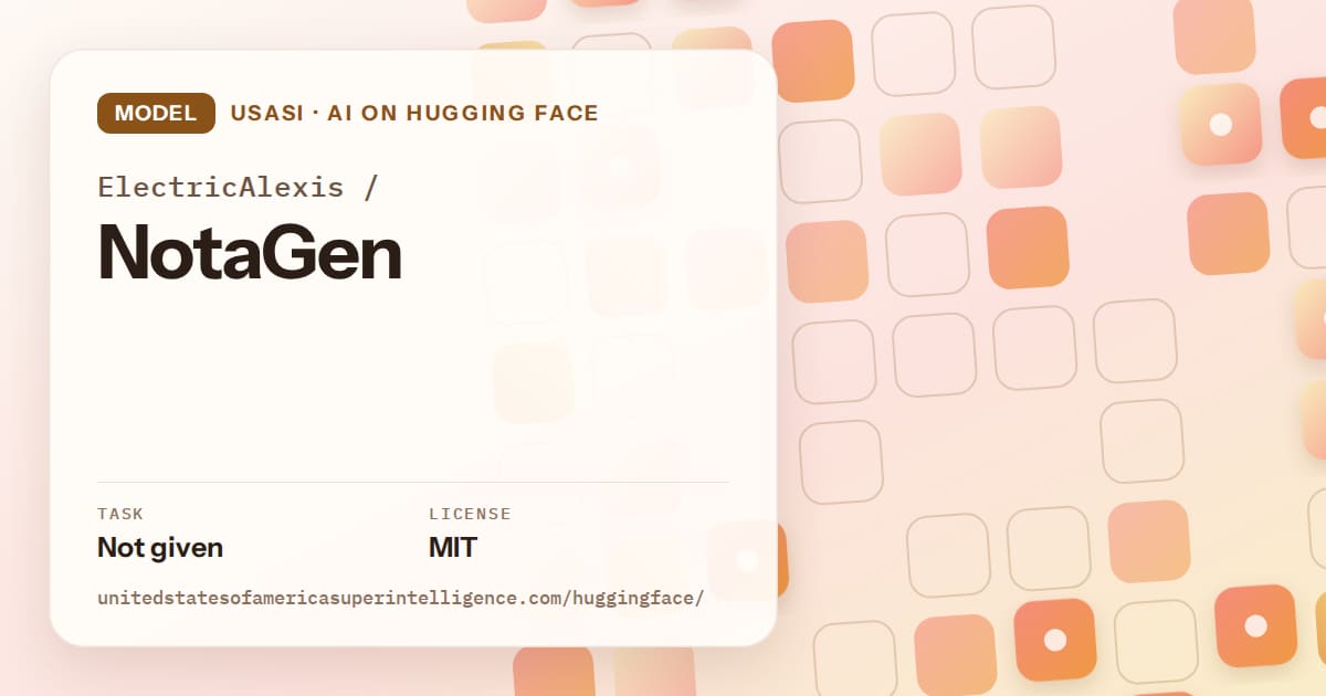 Generated orange rounded-tile grid artwork for the model ElectricAlexis/NotaGen, labeled USASI · AI on Hugging Face, with Task: Not given · License: MIT.