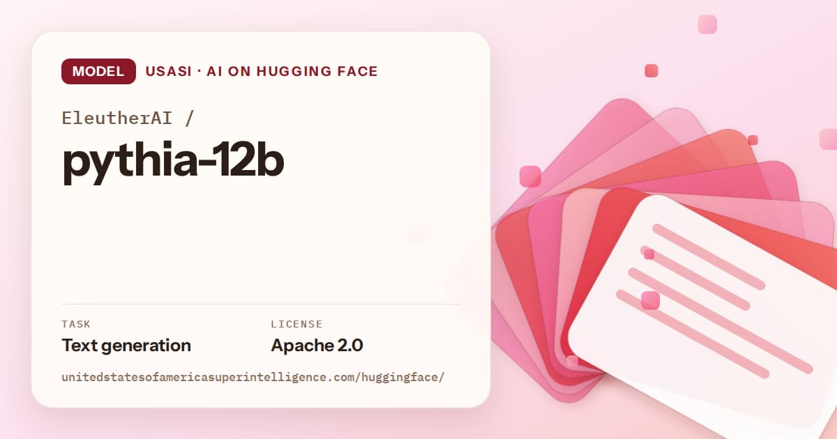 Generated coral layered-card artwork for the model EleutherAI/pythia-12b, labeled USASI · AI on Hugging Face, with Task: Text generation · License: Apache 2.0.