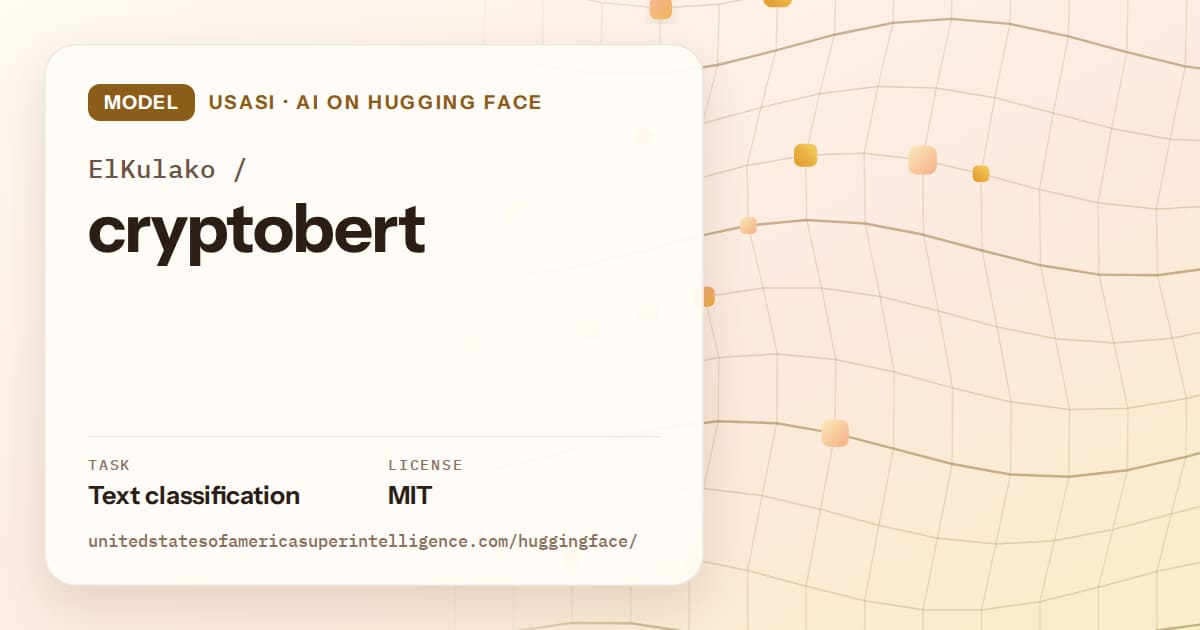 Generated amber wave-lattice artwork for the model ElKulako/cryptobert, labeled USASI · AI on Hugging Face, with Task: Text classification · License: MIT.