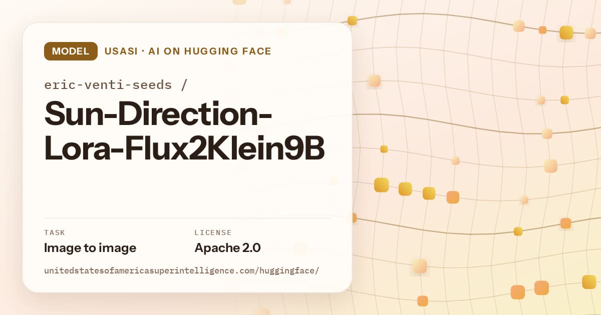 Generated amber wave-lattice artwork for the model eric-venti-seeds/Sun-Direction-Lora-Flux2Klein9B, labeled USASI · AI on Hugging Face, with Task: Image to image · License: Apache 2.0.