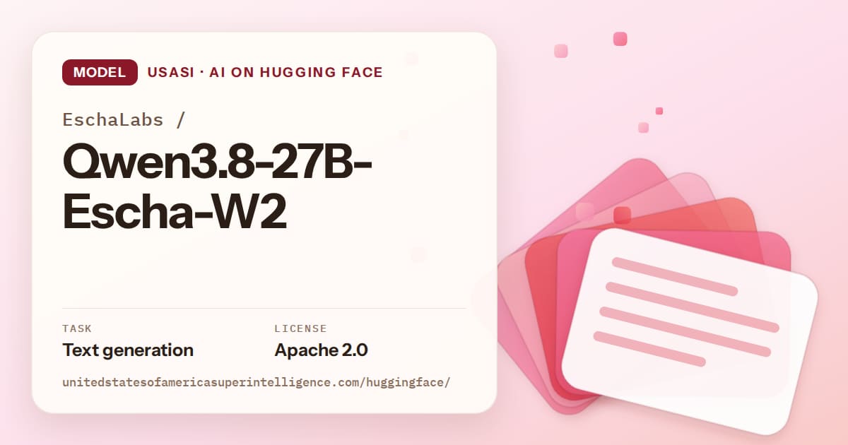 Generated coral layered-card artwork for the model EschaLabs/Qwen3.8-27B-Escha-W2, labeled USASI · AI on Hugging Face, with Task: Text generation · License: Apache 2.0.