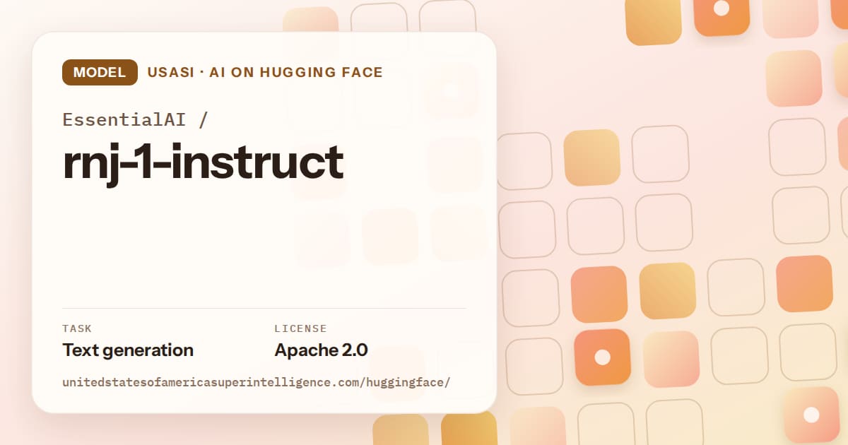 Generated orange rounded-tile grid artwork for the model EssentialAI/rnj-1-instruct, labeled USASI · AI on Hugging Face, with Task: Text generation · License: Apache 2.0.