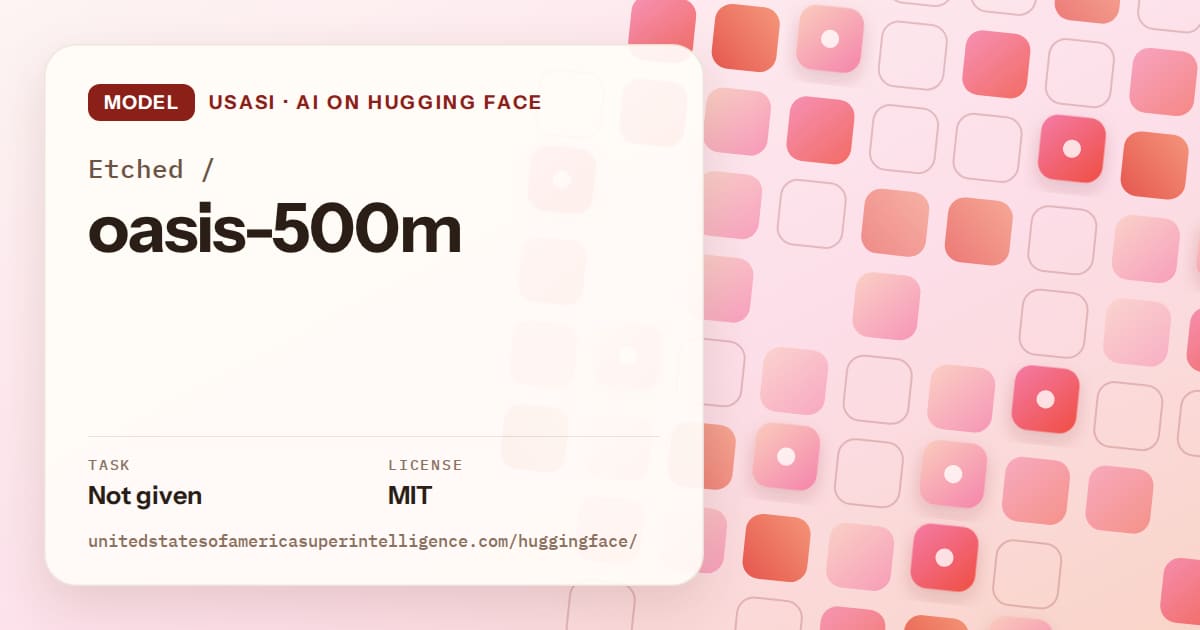 Generated coral rounded-tile grid artwork for the model Etched/oasis-500m, labeled USASI · AI on Hugging Face, with Task: Not given · License: MIT.
