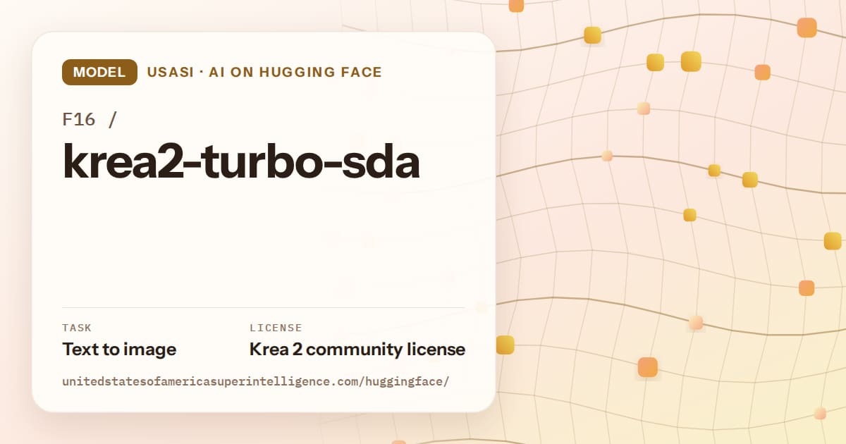 Generated amber wave-lattice artwork for the model F16/krea2-turbo-sda, labeled USASI · AI on Hugging Face, with Task: Text to image · License: Krea 2 community license.