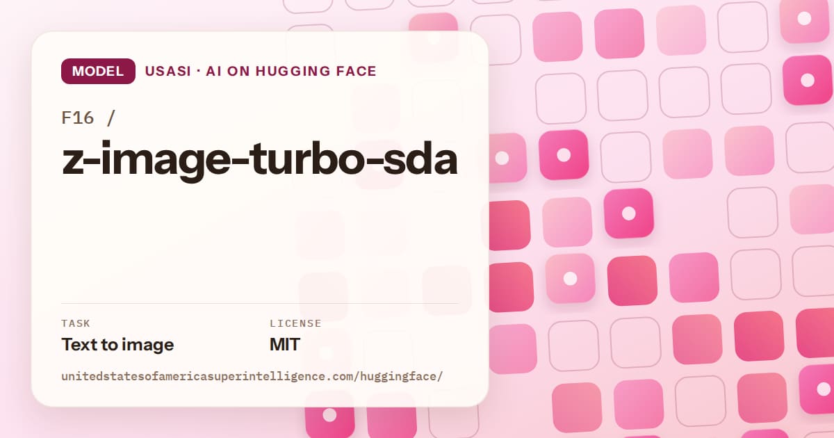 Generated rose rounded-tile grid artwork for the model F16/z-image-turbo-sda, labeled USASI · AI on Hugging Face, with Task: Text to image · License: MIT.