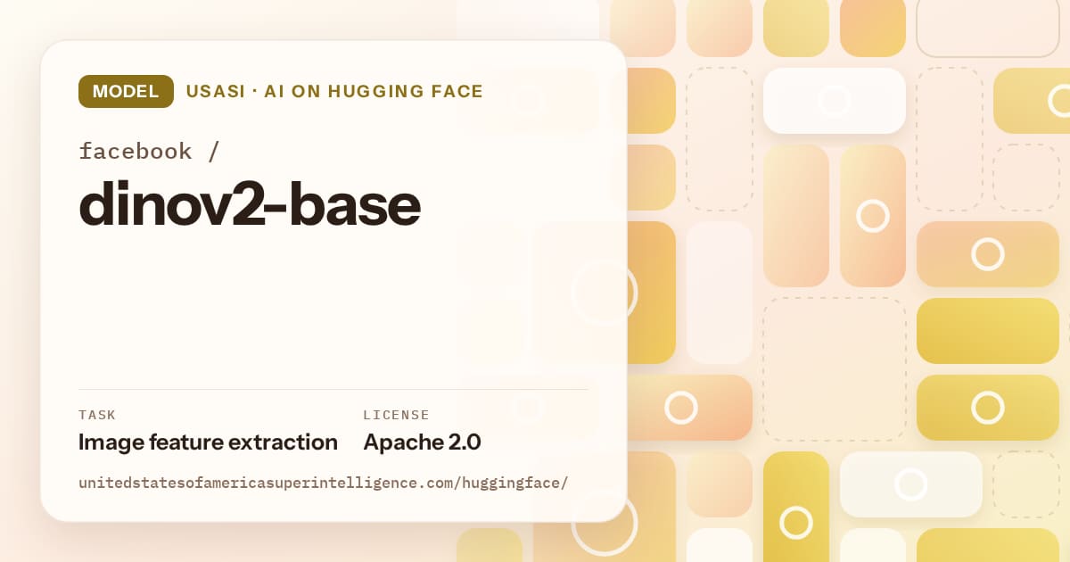 Generated gold tile-mosaic artwork for the model facebook/dinov2-base, labeled USASI · AI on Hugging Face, with Task: Image feature extraction · License: Apache 2.0.