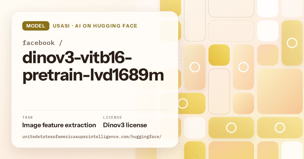 Generated gold tile-mosaic artwork for the model facebook/dinov3-vitb16-pretrain-lvd1689m, labeled USASI · AI on Hugging Face, with Task: Image feature extraction · License: Dinov3 license.