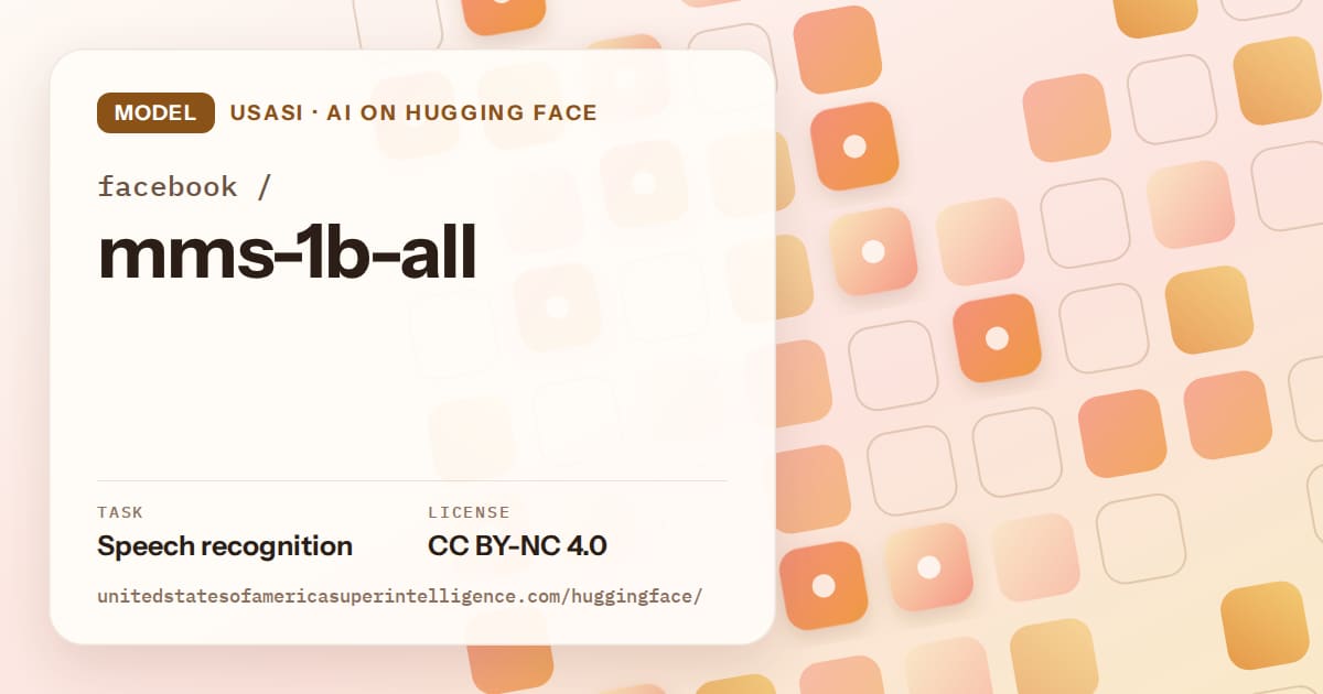 Generated orange rounded-tile grid artwork for the model facebook/mms-1b-all, labeled USASI · AI on Hugging Face, with Task: Speech recognition · License: CC BY-NC 4.0.