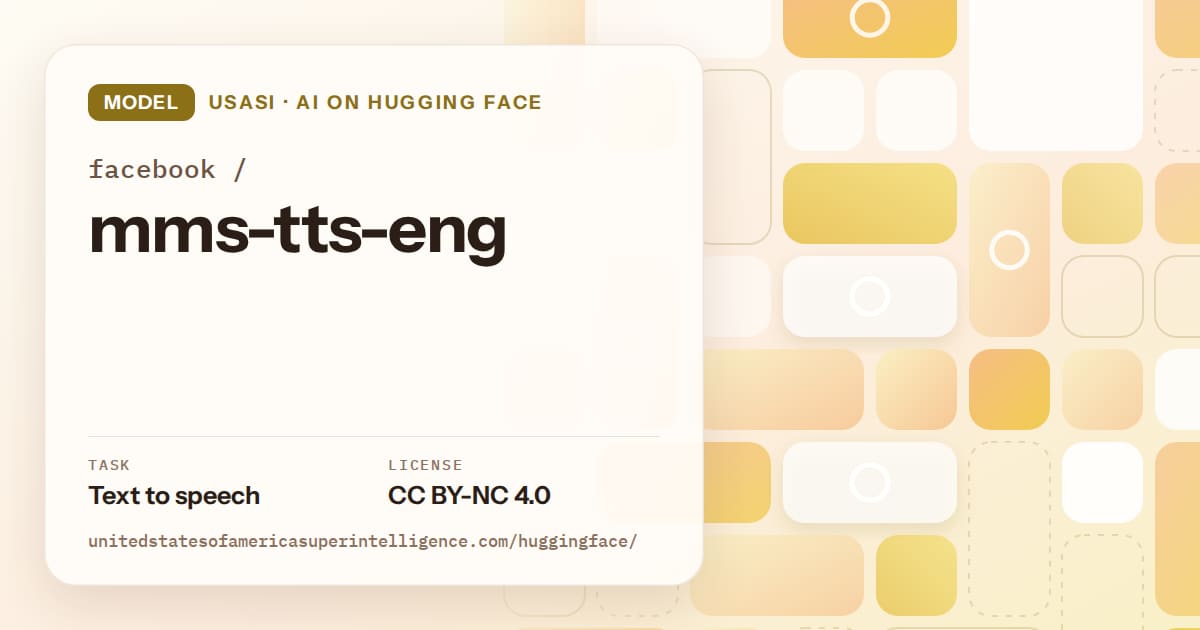 Generated gold tile-mosaic artwork for the model facebook/mms-tts-eng, labeled USASI · AI on Hugging Face, with Task: Text to speech · License: CC BY-NC 4.0.