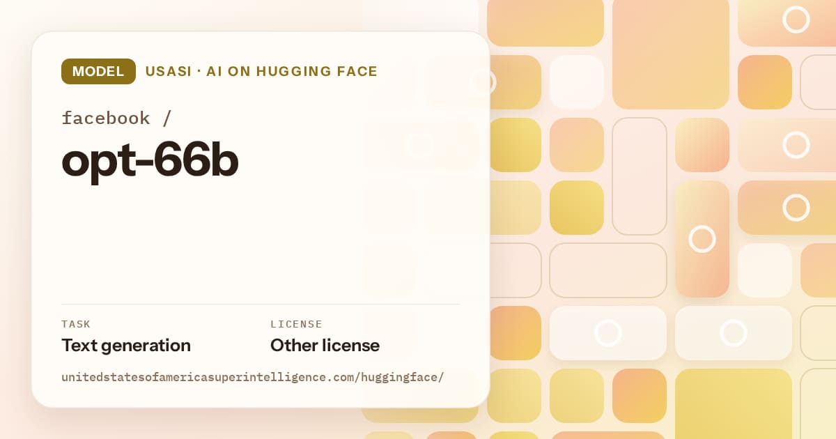 Generated gold tile-mosaic artwork for the model facebook/opt-66b, labeled USASI · AI on Hugging Face, with Task: Text generation · License: Other license.
