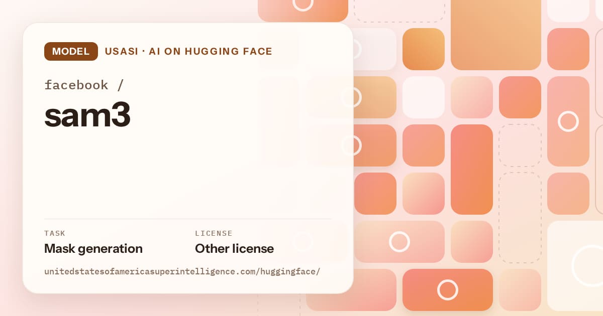 Generated orange tile-mosaic artwork for the model facebook/sam3, labeled USASI · AI on Hugging Face, with Task: Mask generation · License: Other license.