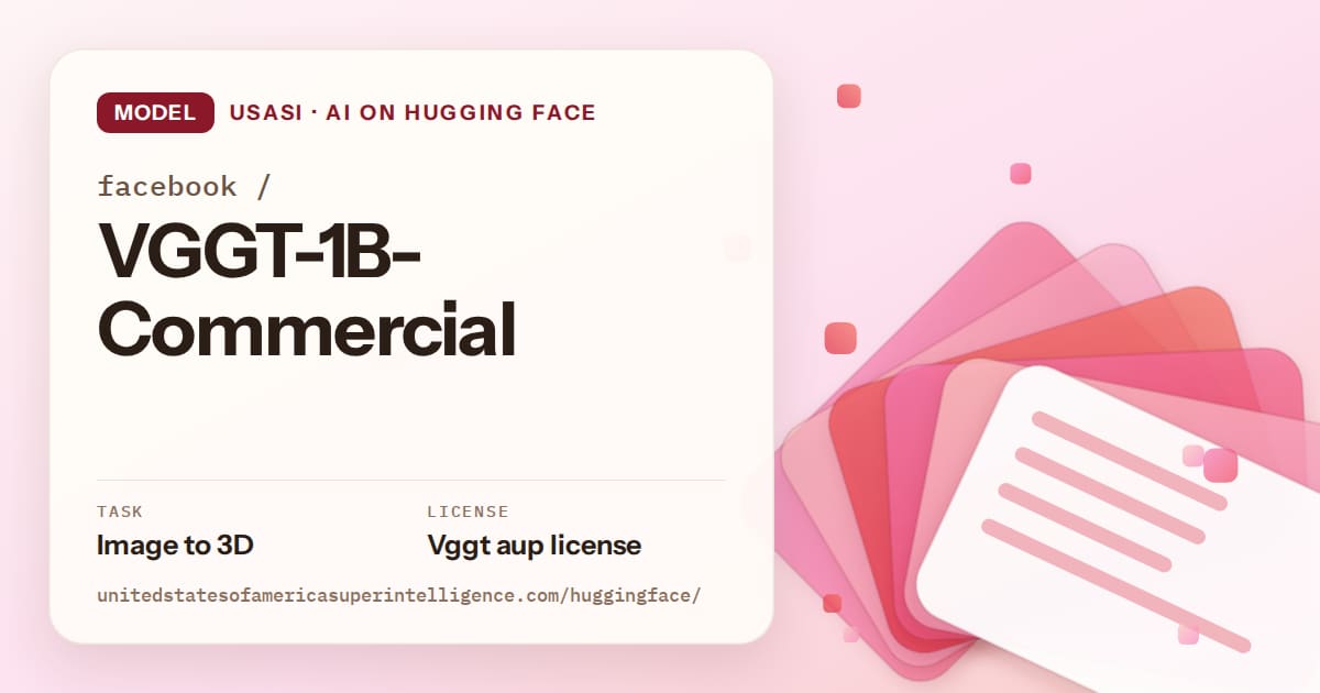 Generated coral layered-card artwork for the model facebook/VGGT-1B-Commercial, labeled USASI · AI on Hugging Face, with Task: Image to 3D · License: Vggt aup license.