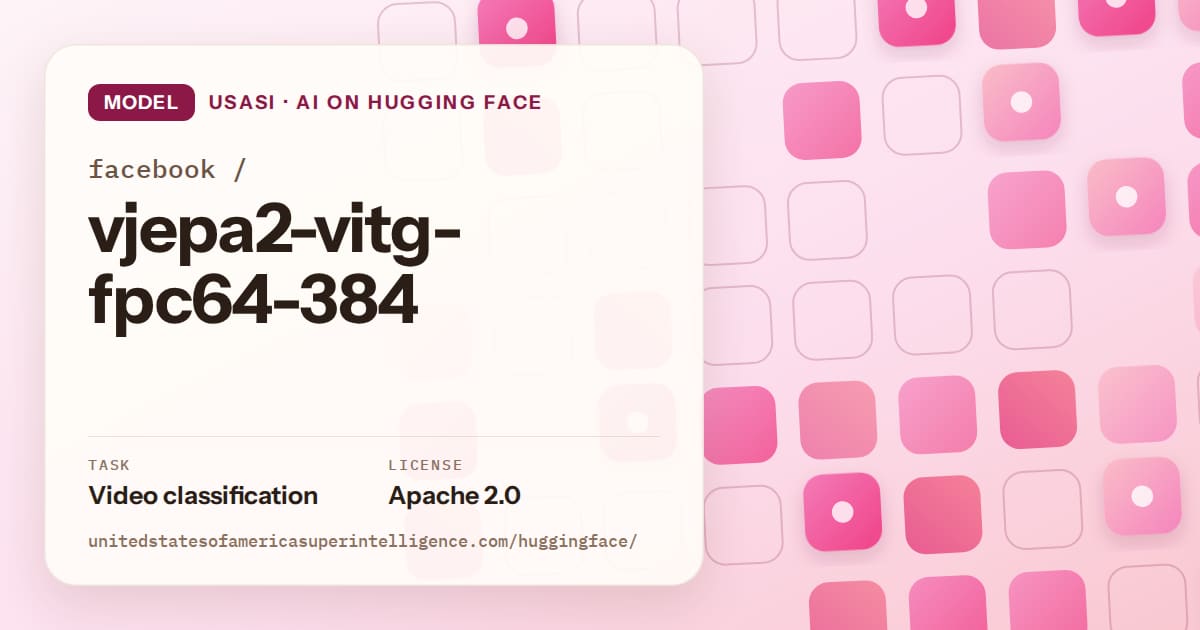 Generated rose rounded-tile grid artwork for the model facebook/vjepa2-vitg-fpc64-384, labeled USASI · AI on Hugging Face, with Task: Video classification · License: Apache 2.0.