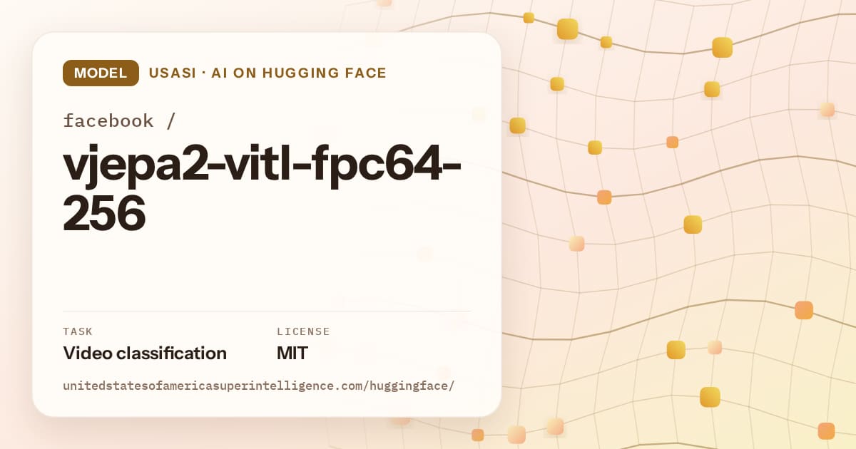 Generated amber wave-lattice artwork for the model facebook/vjepa2-vitl-fpc64-256, labeled USASI · AI on Hugging Face, with Task: Video classification · License: MIT.
