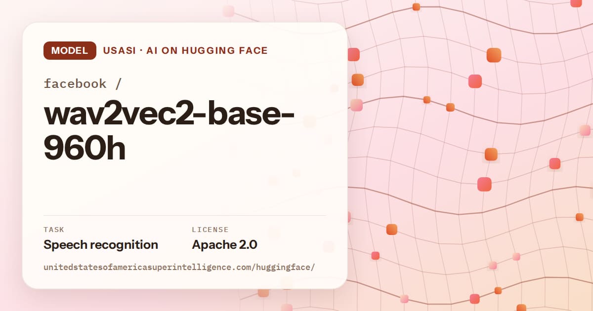Generated tangerine wave-lattice artwork for the model facebook/wav2vec2-base-960h, labeled USASI · AI on Hugging Face, with Task: Speech recognition · License: Apache 2.0.