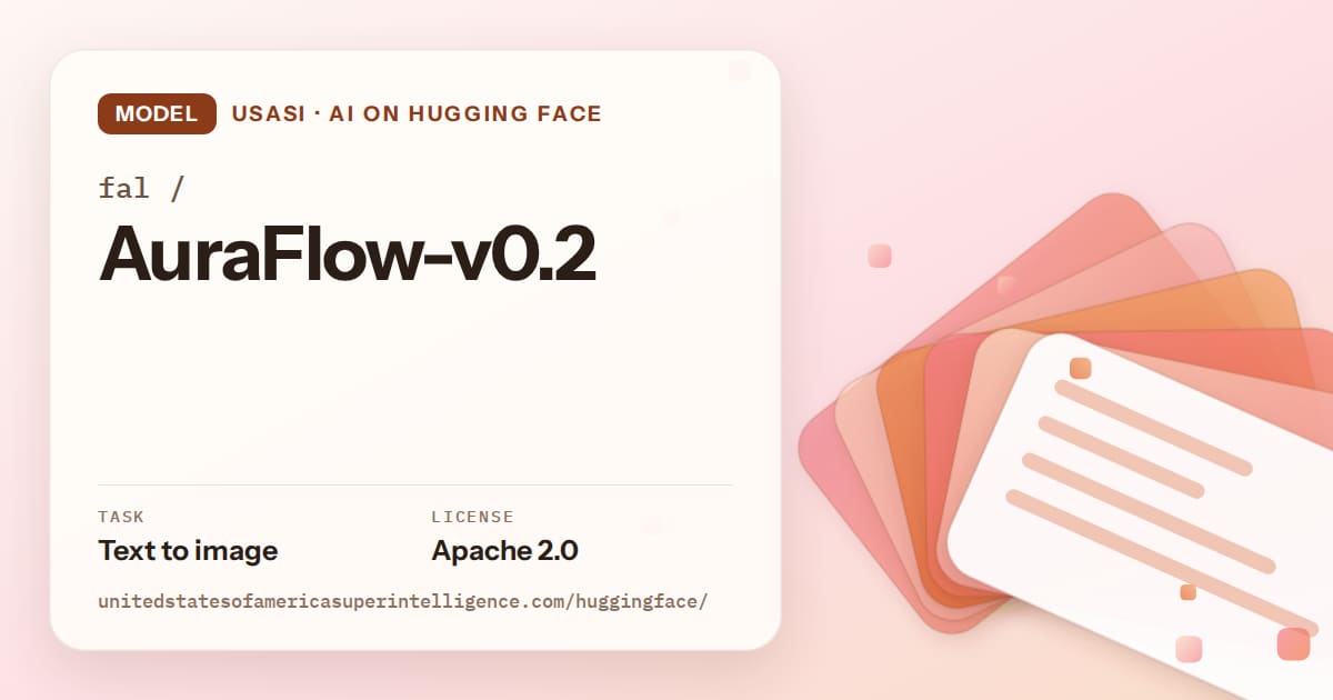 Generated tangerine layered-card artwork for the model fal/AuraFlow-v0.2, labeled USASI · AI on Hugging Face, with Task: Text to image · License: Apache 2.0.