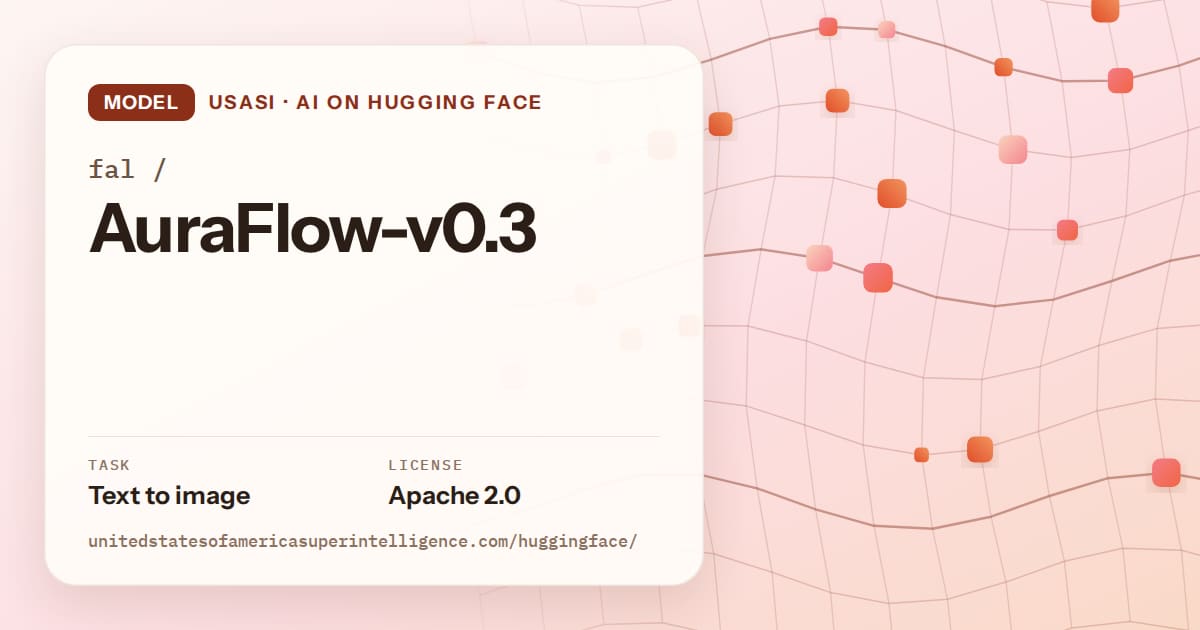 Generated tangerine wave-lattice artwork for the model fal/AuraFlow-v0.3, labeled USASI · AI on Hugging Face, with Task: Text to image · License: Apache 2.0.