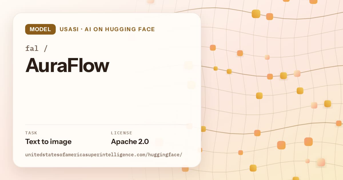 Generated amber wave-lattice artwork for the model fal/AuraFlow, labeled USASI · AI on Hugging Face, with Task: Text to image · License: Apache 2.0.