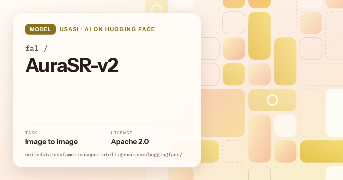 Generated gold tile-mosaic artwork for the model fal/AuraSR-v2, labeled USASI · AI on Hugging Face, with Task: Image to image · License: Apache 2.0.