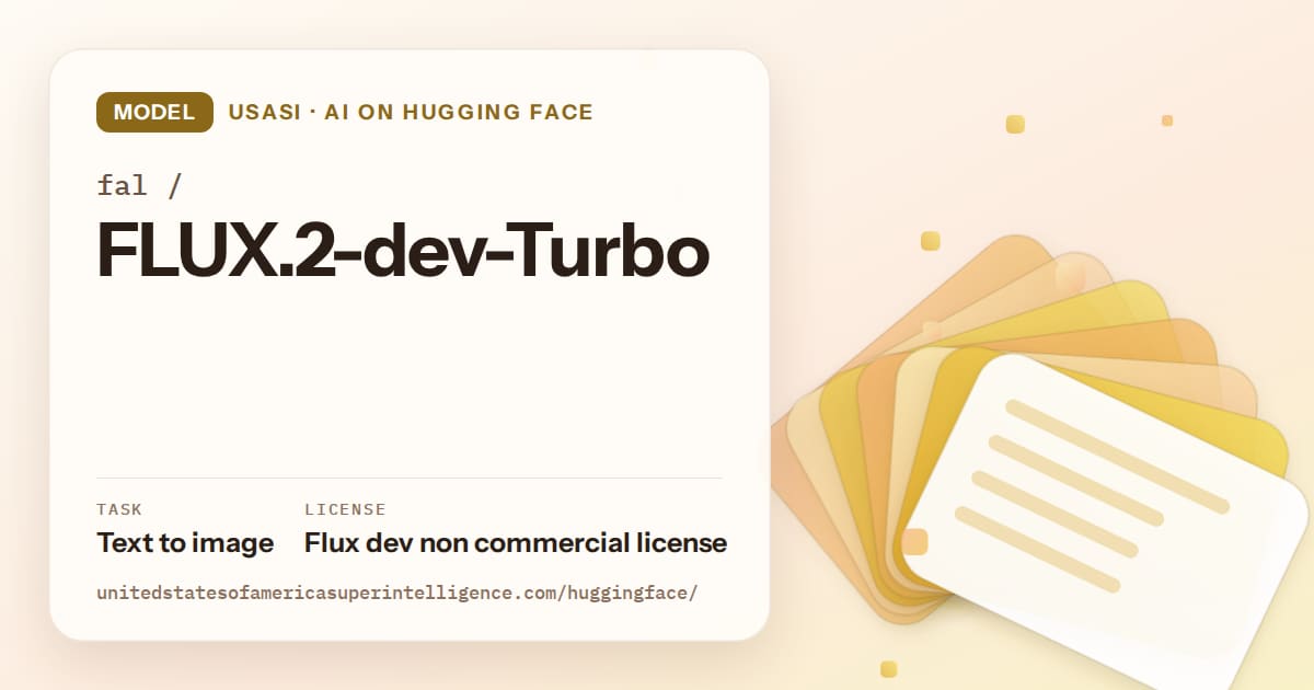Generated amber layered-card artwork for the model fal/FLUX.2-dev-Turbo, labeled USASI · AI on Hugging Face, with Task: Text to image · License: Flux dev non commercial license.