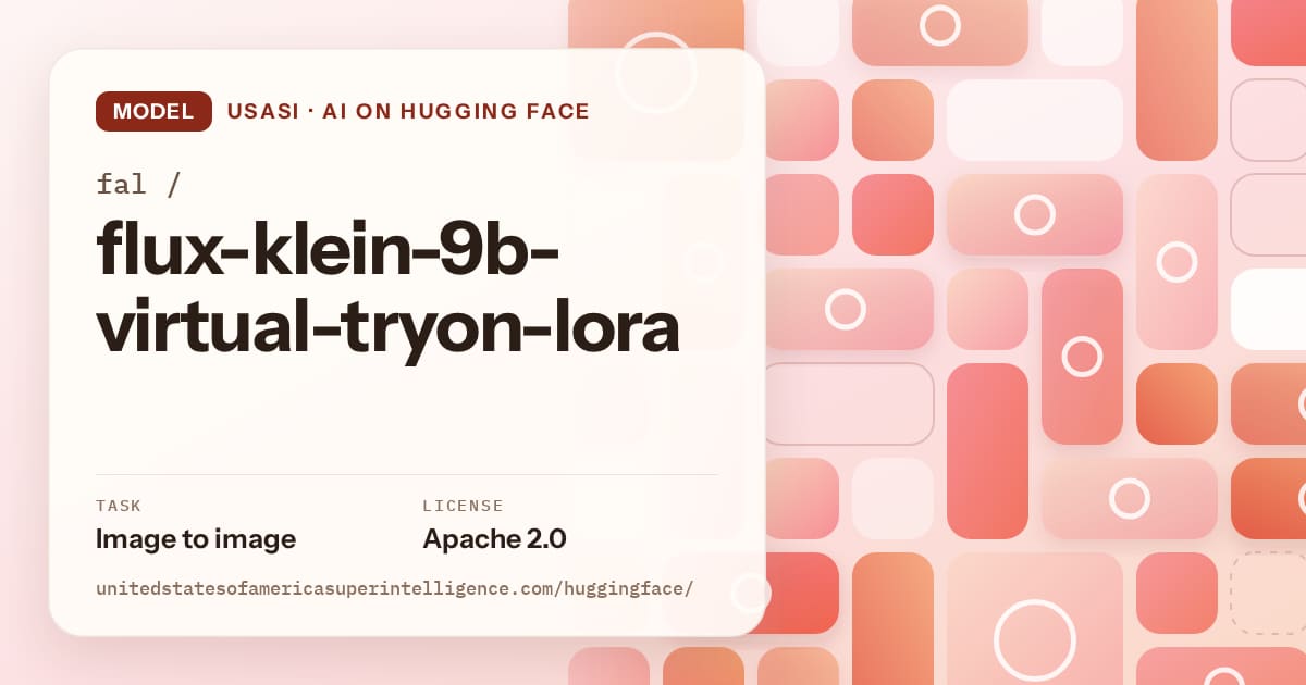 Generated coral tile-mosaic artwork for the model fal/flux-klein-9b-virtual-tryon-lora, labeled USASI · AI on Hugging Face, with Task: Image to image · License: Apache 2.0.