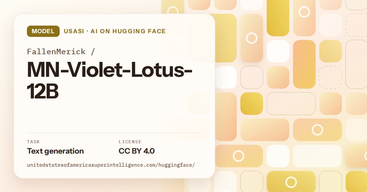 Generated gold tile-mosaic artwork for the model FallenMerick/MN-Violet-Lotus-12B, labeled USASI · AI on Hugging Face, with Task: Text generation · License: CC BY 4.0.