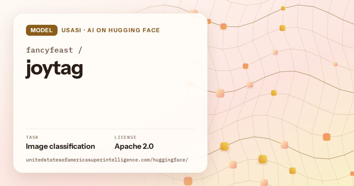 Generated amber wave-lattice artwork for the model fancyfeast/joytag, labeled USASI · AI on Hugging Face, with Task: Image classification · License: Apache 2.0.