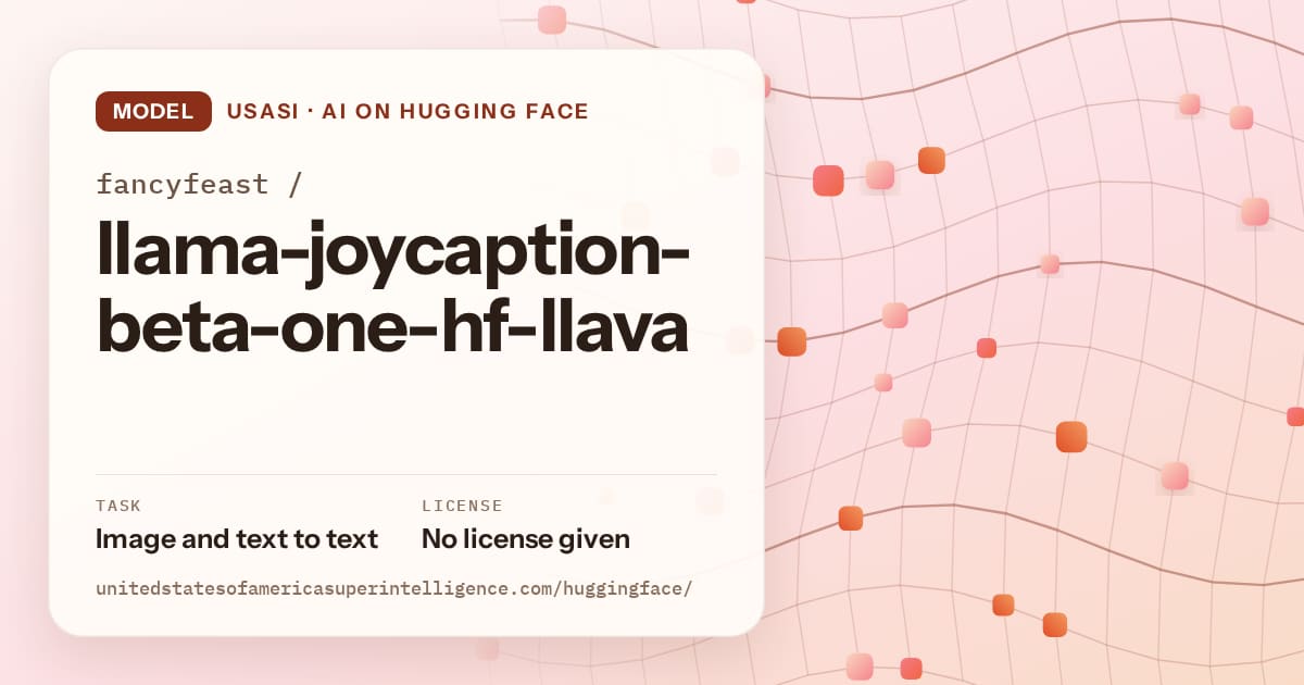 Generated tangerine wave-lattice artwork for the model fancyfeast/llama-joycaption-beta-one-hf-llava, labeled USASI · AI on Hugging Face, with Task: Image and text to text · License: No license given.