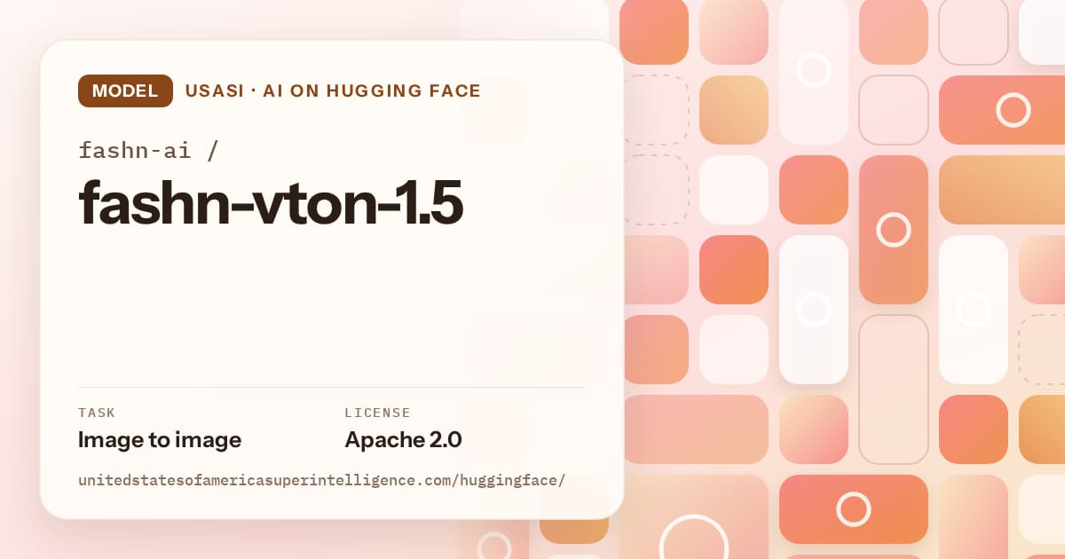 Generated orange tile-mosaic artwork for the model fashn-ai/fashn-vton-1.5, labeled USASI · AI on Hugging Face, with Task: Image to image · License: Apache 2.0.