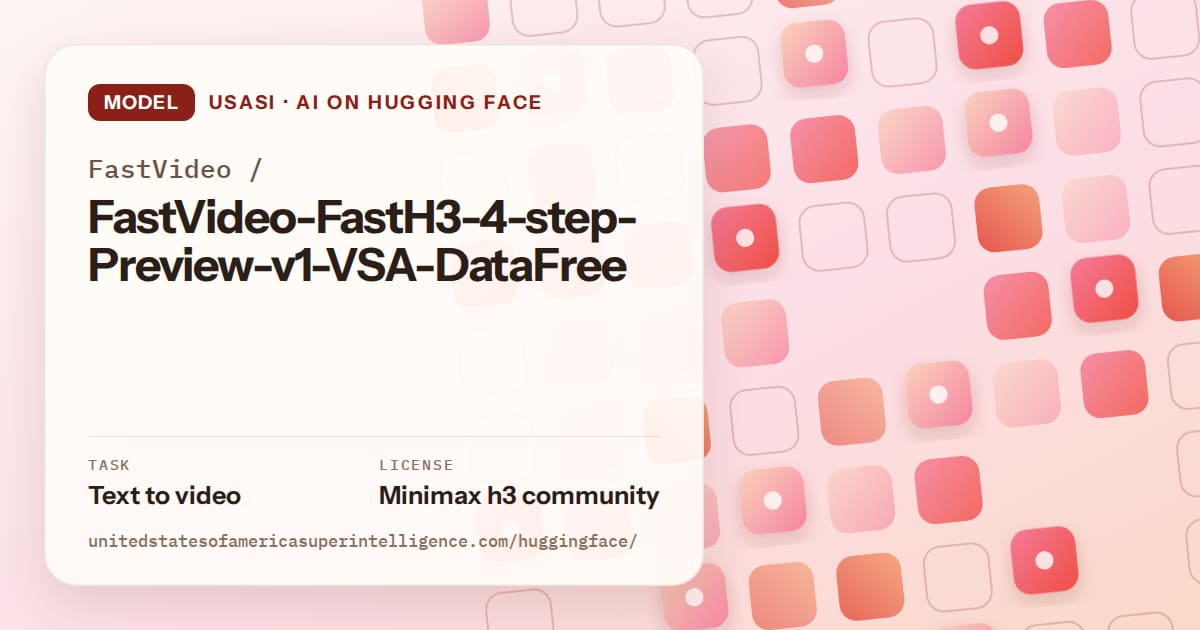 Generated coral rounded-tile grid artwork for the model FastVideo/FastVideo-FastH3-4-step-Preview-v1-VSA-DataFree, labeled USASI · AI on Hugging Face, with Task: Text to video · License: Minimax h3 community.