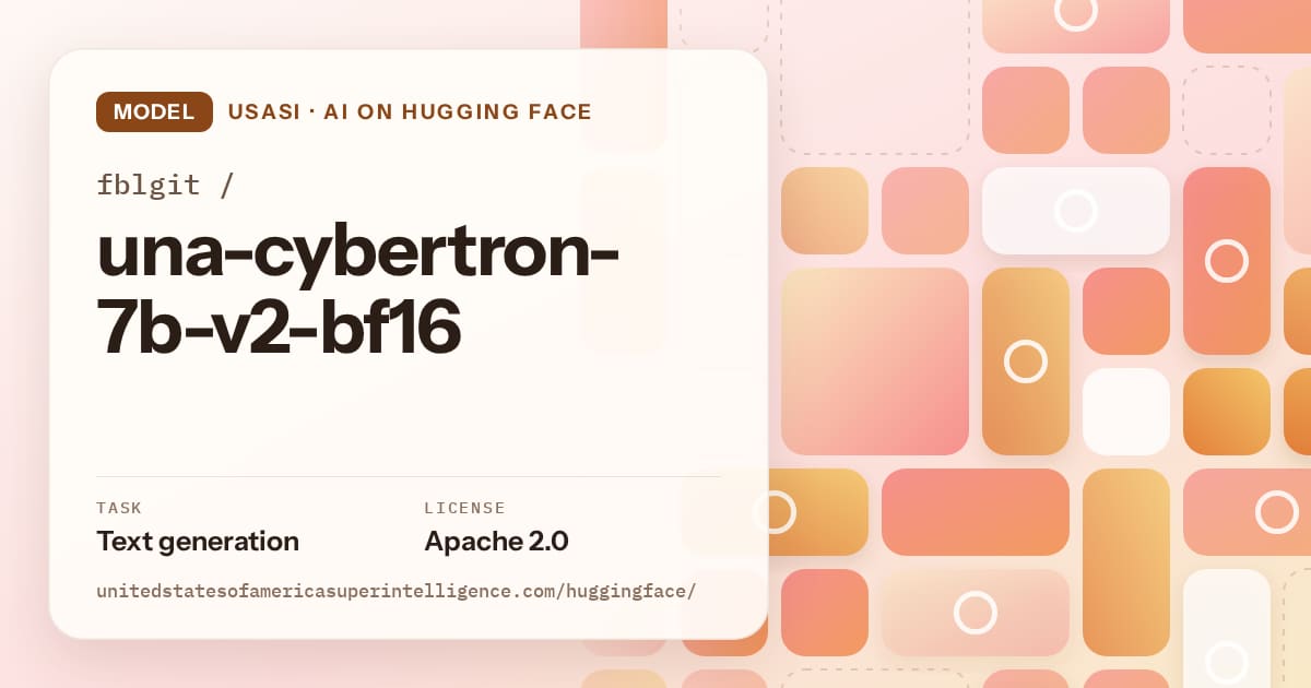 Generated orange tile-mosaic artwork for the model fblgit/una-cybertron-7b-v2-bf16, labeled USASI · AI on Hugging Face, with Task: Text generation · License: Apache 2.0.