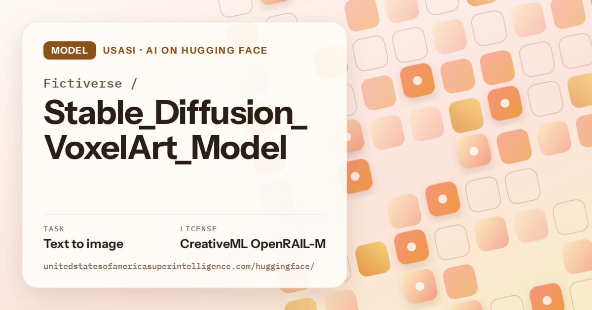 Generated orange rounded-tile grid artwork for the model Fictiverse/Stable_Diffusion_VoxelArt_Model, labeled USASI · AI on Hugging Face, with Task: Text to image · License: CreativeML OpenRAIL-M.