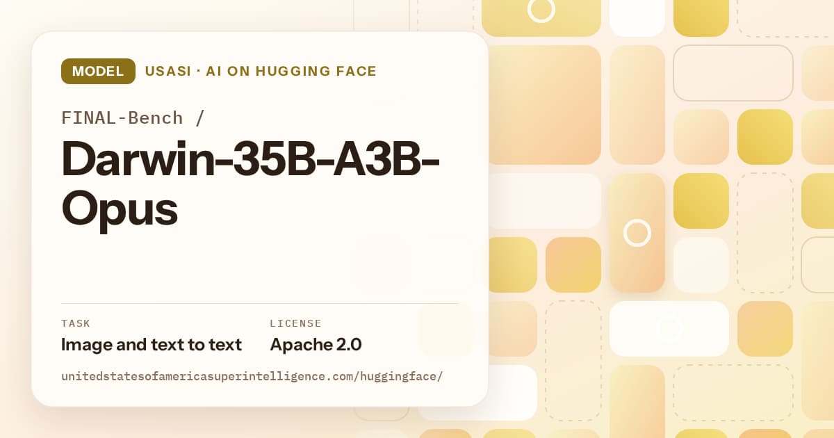 Generated gold tile-mosaic artwork for the model FINAL-Bench/Darwin-35B-A3B-Opus, labeled USASI · AI on Hugging Face, with Task: Image and text to text · License: Apache 2.0.