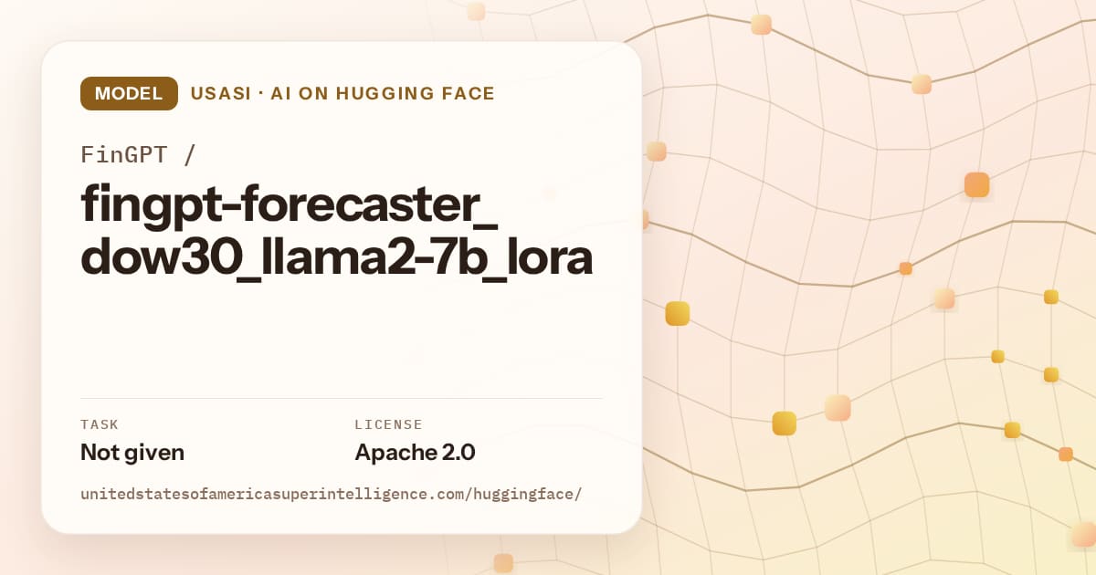 Generated amber wave-lattice artwork for the model FinGPT/fingpt-forecaster_dow30_llama2-7b_lora, labeled USASI · AI on Hugging Face, with Task: Not given · License: Apache 2.0.