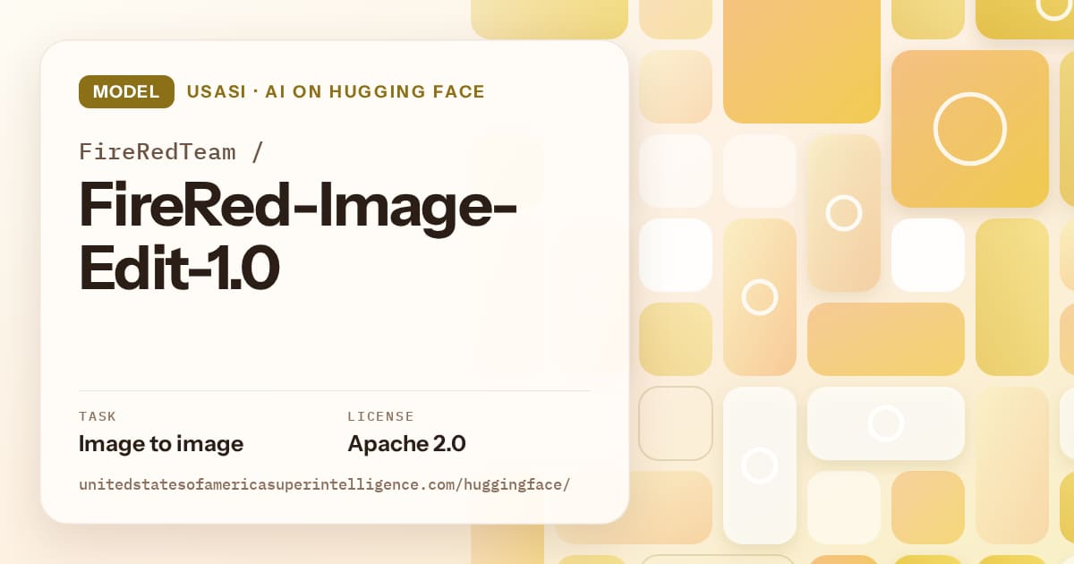 Generated gold tile-mosaic artwork for the model FireRedTeam/FireRed-Image-Edit-1.0, labeled USASI · AI on Hugging Face, with Task: Image to image · License: Apache 2.0.