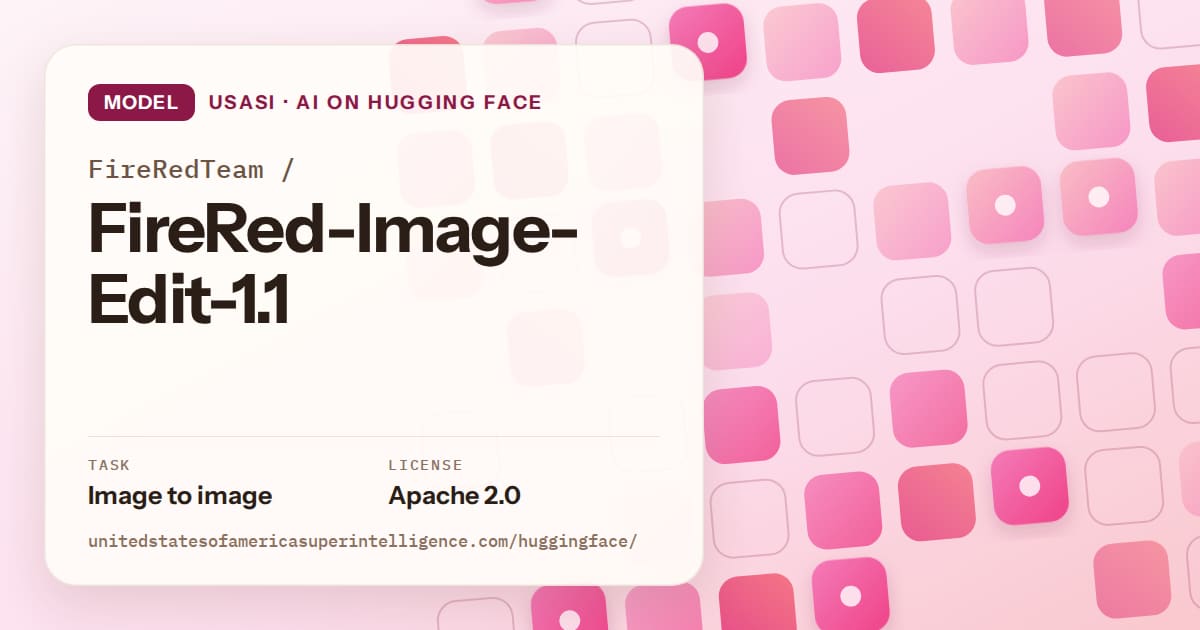 Generated rose rounded-tile grid artwork for the model FireRedTeam/FireRed-Image-Edit-1.1, labeled USASI · AI on Hugging Face, with Task: Image to image · License: Apache 2.0.