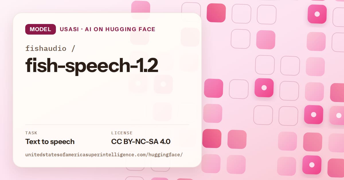 Generated rose rounded-tile grid artwork for the model fishaudio/fish-speech-1.2, labeled USASI · AI on Hugging Face, with Task: Text to speech · License: CC BY-NC-SA 4.0.