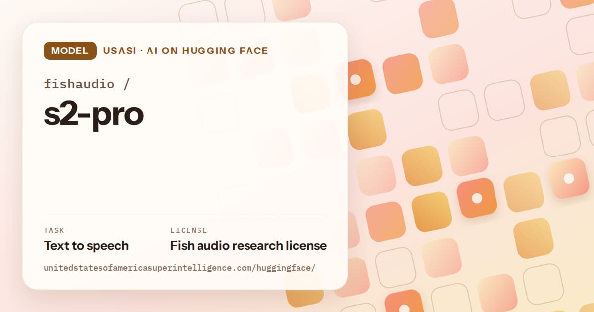 Generated orange rounded-tile grid artwork for the model fishaudio/s2-pro, labeled USASI · AI on Hugging Face, with Task: Text to speech · License: Fish audio research license.