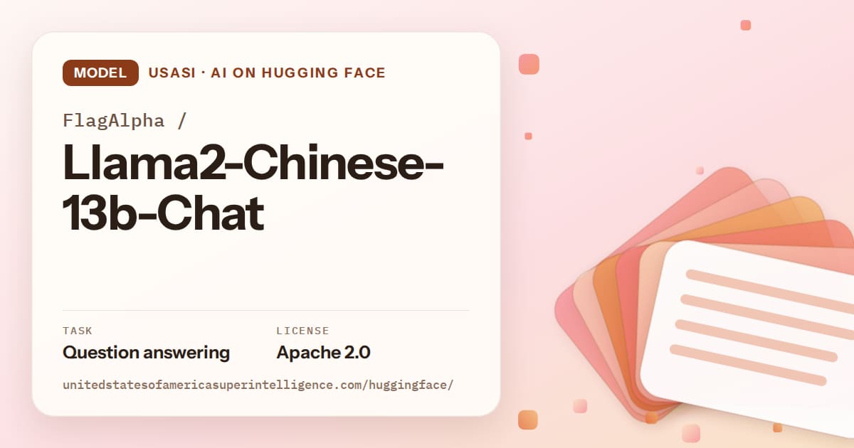 Generated tangerine layered-card artwork for the model FlagAlpha/Llama2-Chinese-13b-Chat, labeled USASI · AI on Hugging Face, with Task: Question answering · License: Apache 2.0.