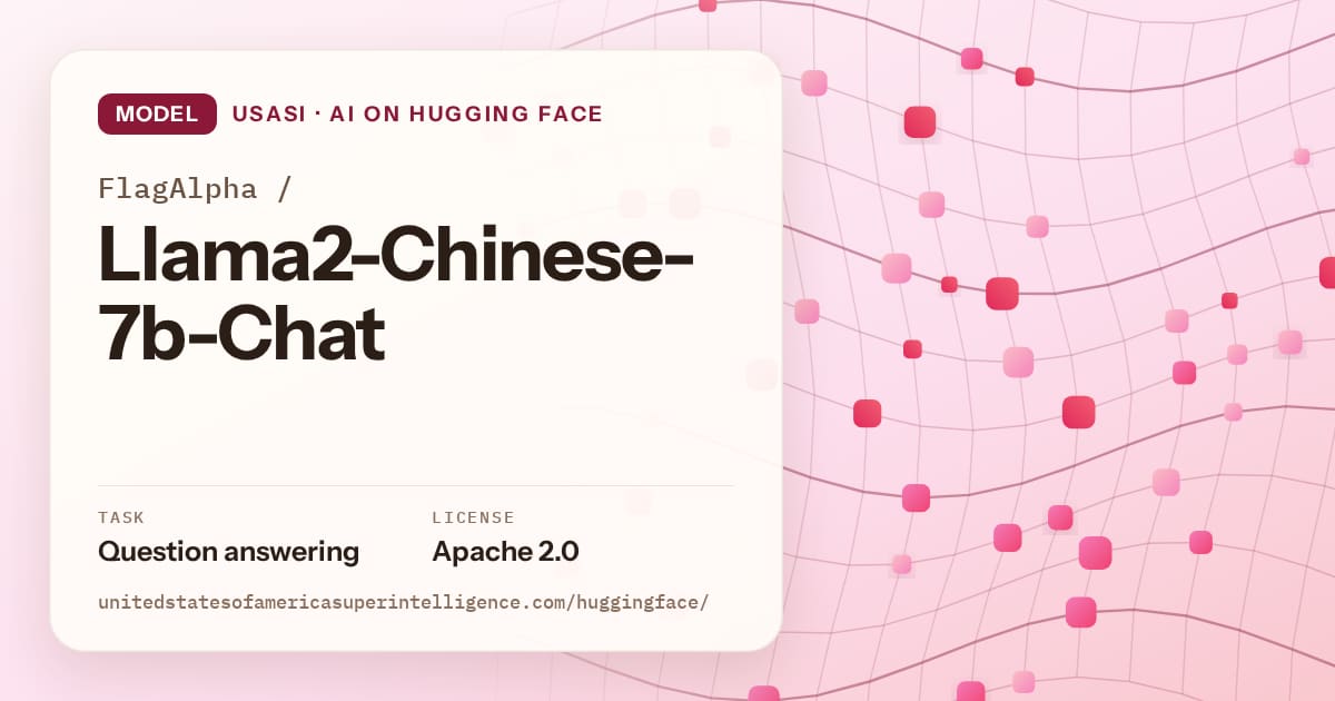 Generated rose wave-lattice artwork for the model FlagAlpha/Llama2-Chinese-7b-Chat, labeled USASI · AI on Hugging Face, with Task: Question answering · License: Apache 2.0.