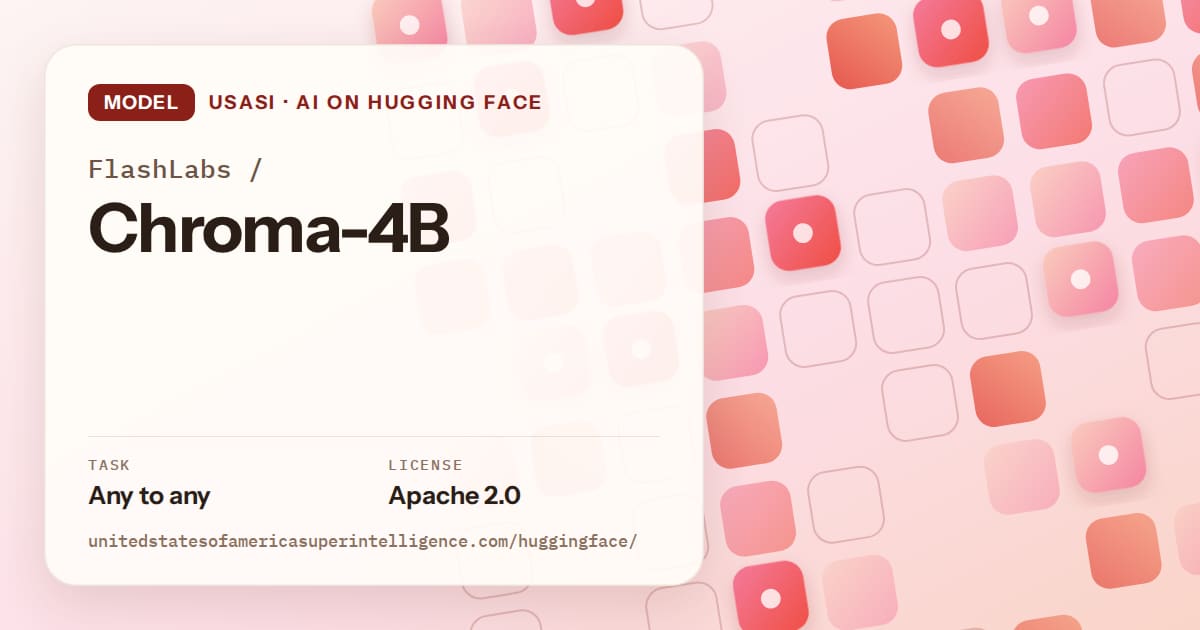 Generated coral rounded-tile grid artwork for the model FlashLabs/Chroma-4B, labeled USASI · AI on Hugging Face, with Task: Any to any · License: Apache 2.0.