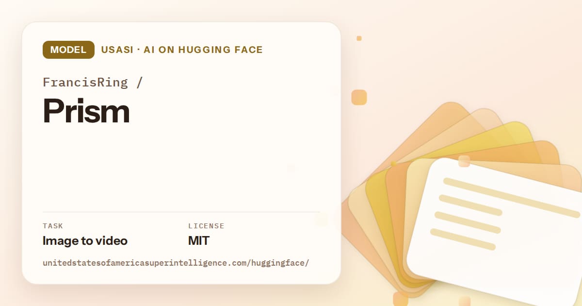 Generated amber layered-card artwork for the model FrancisRing/Prism, labeled USASI · AI on Hugging Face, with Task: Image to video · License: MIT.