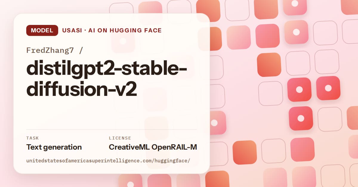 Generated coral rounded-tile grid artwork for the model FredZhang7/distilgpt2-stable-diffusion-v2, labeled USASI · AI on Hugging Face, with Task: Text generation · License: CreativeML OpenRAIL-M.