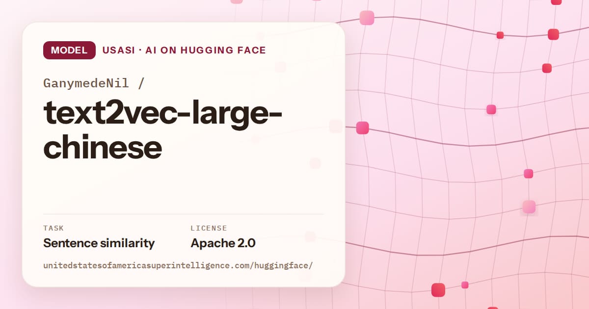 Generated rose wave-lattice artwork for the model GanymedeNil/text2vec-large-chinese, labeled USASI · AI on Hugging Face, with Task: Sentence similarity · License: Apache 2.0.