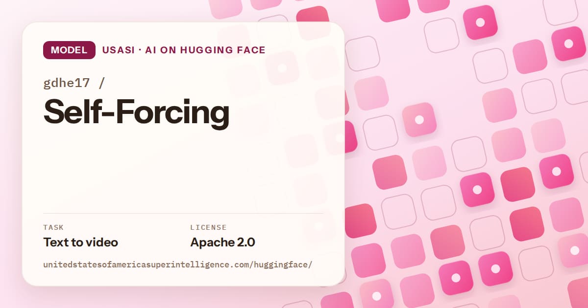Generated rose rounded-tile grid artwork for the model gdhe17/Self-Forcing, labeled USASI · AI on Hugging Face, with Task: Text to video · License: Apache 2.0.