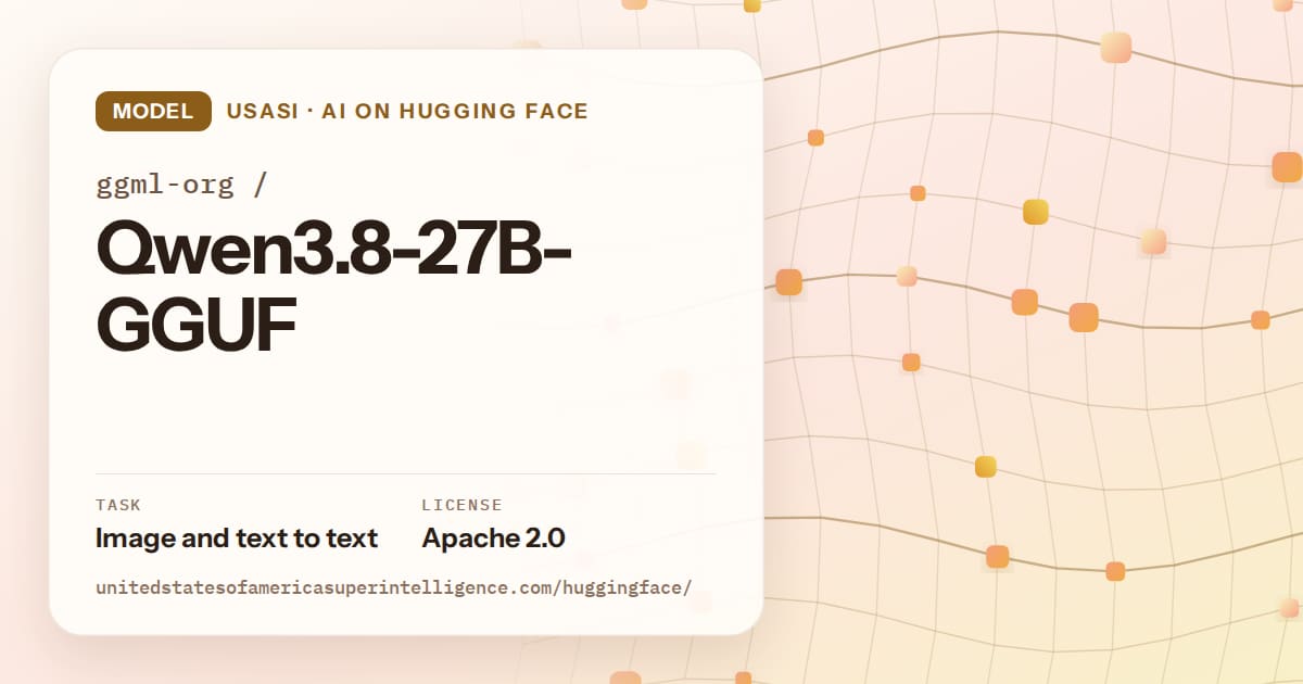Generated amber wave-lattice artwork for the model ggml-org/Qwen3.8-27B-GGUF, labeled USASI · AI on Hugging Face, with Task: Image and text to text · License: Apache 2.0.